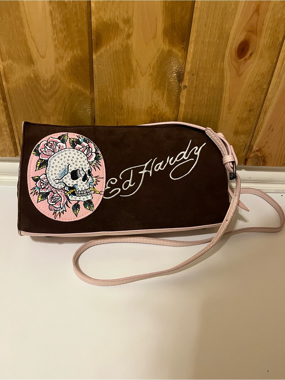 Ed Hardy Brown Suede Wristlet with Pink Trim and Embroidered Skull